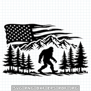 May include: Black and white graphic of Bigfoot walking in front of a mountain range, American flag, and pine trees. The image has a patriotic theme, with the flag waving in the background. The design is suitable for outdoor enthusiasts.