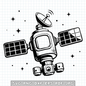 Puede incluir: Ilustración en blanco y negro de un satélite con paneles solares y una antena parabólica. La imagen, adornada con estrellas y puntos, evoca el espacio. El estilo gráfico limpio es adecuado para diversos usos.