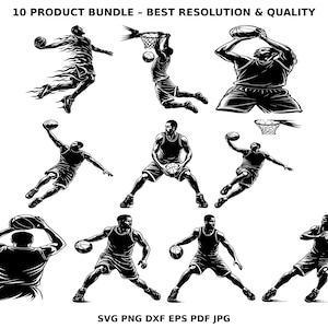 May include: Black and white basketball-themed digital illustrations. The image features ten different action poses of basketball players, including dunking, shooting, and dribbling. Text at the top reads "10 PRODUCT BUNDLE - BEST RESOLUTION & QUALITY".