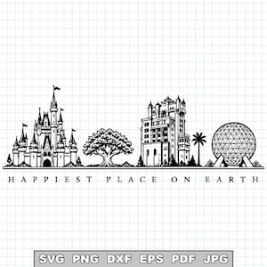 May include: Black and white line art of a castle, tree, building, and sphere. The text "HAPPIEST PLACE ON EARTH" is below the images. The bottom of the image has the text "SVG PNG DXF EPS PDF JPG".