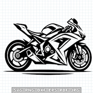 May include: A monochrome graphic of a sports motorcycle. The image shows a side view of the motorcycle, highlighting its streamlined shape. The graphic includes the text "SVG PNG DXF EPS PDF JPG" at the bottom.