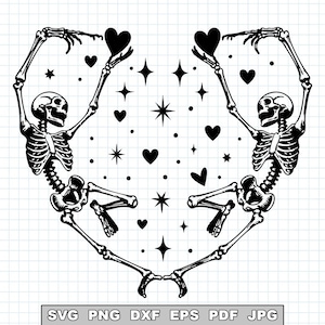 Könnte beinhalten: Schwarz-weiße Illustration von zwei Skeletten, die eine Herzform bilden. Jedes Skelett hält ein schwarzes Herz über seinem Kopf. Das Design enthält Sterne und kleine Herzen. Dateiformate: SVG, PNG, DXF, EPS, PDF, JPG.