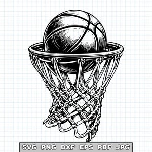 May include: Black and white illustration of a basketball going through a net. The basketball has visible seams and is shaded to give a 3D effect. The net is made of woven material and is hanging down.