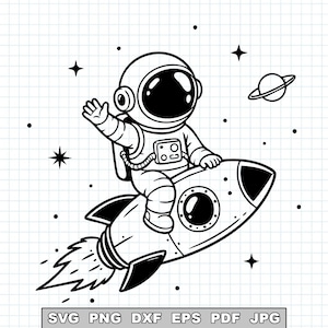 May include: Black and white illustration of an astronaut waving while riding a rocket ship. The astronaut is wearing a spacesuit and helmet. The rocket ship is blasting off with flames. Stars and a planet are in the background. The image includes the text "SVG PNG DXF EPS PDF JPG".