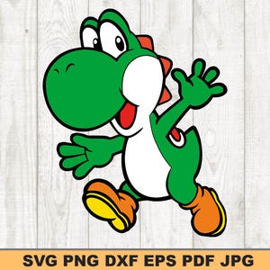 May include: A green and white cartoon character with a large, round head and a wide smile. The character has a green body with a white belly and a red tongue. The character is wearing a red hat and has a green tail.