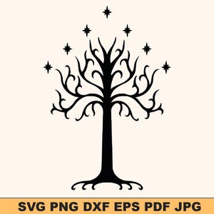 May include: Black silhouette of a stylized tree with intricate branches and roots, topped with seven stars. The image includes the text "SVG PNG DXF EPS PDF JPG" at the bottom, indicating file formats.