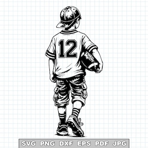 May include: Black and white illustration of a person wearing a baseball cap, jersey with the number 12, and cargo shorts, holding a football. The person is walking away from the viewer. The image is a vector graphic.