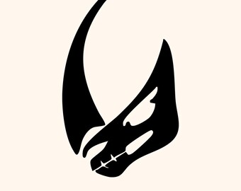 May include: Black silhouette of a horned skull design. The design features a curved horn and a skull with eye sockets and teeth. The text at the bottom reads "SVG PNG DXF EPS PDF JPG".