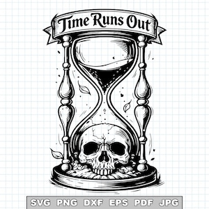以下が含まれることがあります： 下部に骸骨が付いた砂時計の白黒イラスト。テキスト「Time Runs Out」が砂時計の上のバナーに表示されています。このデザインは詳細で、さまざまな用途に適しています。