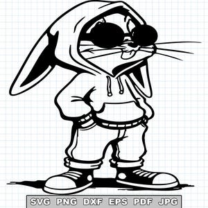 May include: Black and white illustration of a rabbit wearing a hoodie, sunglasses, jeans, and sneakers. The rabbit is standing with its hands in its pockets, giving a cool, casual vibe. The image has a simple, graphic style.