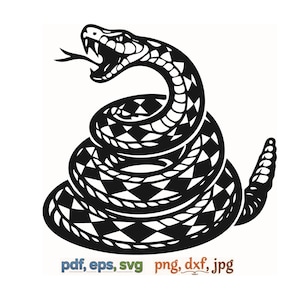 May include: Black and white illustration of a coiled snake with an open mouth and forked tongue. The snake's body is patterned with a geometric design. Text at the bottom reads "pdf, eps, svg png, dxf, jpg".