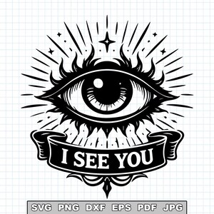 May include: Black and white graphic of an eye with rays of light emanating from it. A banner below the eye reads "I SEE YOU". The image is a digital design, likely for print or digital use.