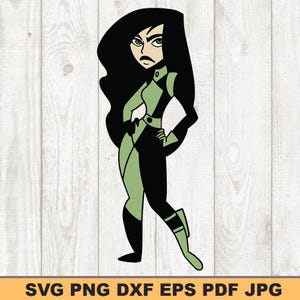 May include: A black and green cartoon character with long black hair and a green and black outfit. The character is standing with one leg bent and the other leg straight.