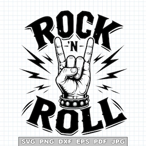 May include: Black and white graphic design with the words "ROCK 'N' ROLL" and a hand gesture. The hand is making the rock and roll sign, with the index and pinky fingers extended. Lightning bolts and a studded wristband complete the design.