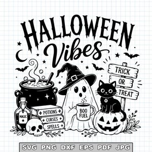 May include: A black and white graphic design featuring the text HALLOWEEN VIBES, a steaming cauldron, a ghost wearing a witch hat holding a mug labeled BOO FUEL, a black cat on a pumpkin, a stack of books labeled POTIONS, CURSES, SPELLS, and a sign reading TRICK OR TREAT.