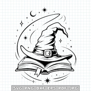 May include: A black and white graphic illustration featuring a pointed hat with a buckle resting on an open book. The design is surrounded by celestial elements including a crescent moon and various stars, with the text SVG PNG DXF EPS PDF JPG.