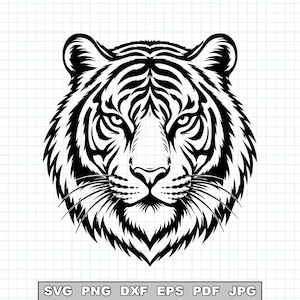 Könnte beinhalten: Eine schwarz-weiße grafische Illustration eines Tigerkopfes, der nach vorne blickt, mit detaillierten Fellzeichnungen und Schnurrhaaren. Unter dem Tigerkopf befindet sich ein rechteckiges Etikett mit dem Text SVG PNG DXF EPS PDF JPG in Weiß.