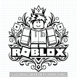 以下が含まれることがあります： 黒と白のRobloxロゴデザイン。王冠をかぶったキャラクターが装飾的な装飾に囲まれています。「ROBLOX」の文字が目立つように表示されています。ファイル形式オプション：SVG、PNG、DXF、EPS、PDF、JPG。