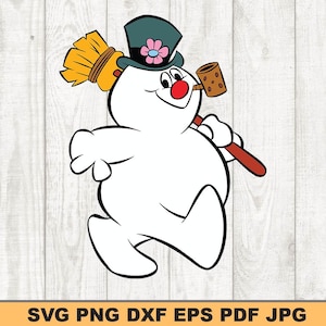 Peut inclure: Un bonhomme de neige de dessin animé avec un chapeau haut de forme noir, un nez rouge et une pipe. Il tient un balai dans sa main droite et marche vers la droite.