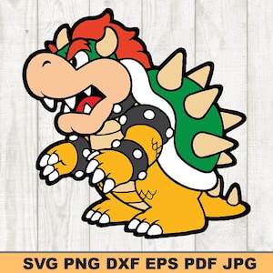 May include: A cartoon illustration of a green, yellow, and black Bowser character from the Super Mario Bros. video game series. Bowser is a large, reptilian creature with spikes on his back and shell. He is shown with his mouth open, as if roaring.