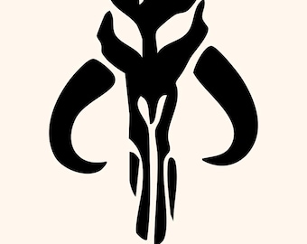 May include: Black and white graphic of a stylized skull with curved horns and a central vertical element. The design is a silhouette, set against a cream background. The bottom of the image displays the text: SVG PNG DXF EPS PDF JPG.