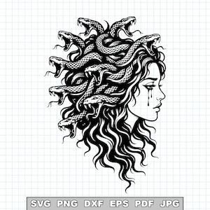 May include: Black and white illustration of Medusa, a woman with snakes for hair, facing right. The snakes are coiled and detailed, with open mouths. The woman has a sorrowful expression, with tears. The image includes the file type options: SVG PNG DXF EPS PDF JPG.