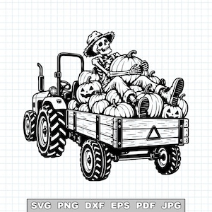 May include: A black and white line art illustration of a skeleton wearing a straw hat, sitting in a tractor trailer filled with pumpkins. The tractor has large treaded tires and a wooden trailer bed. Text at the bottom reads SVG PNG DXF EPS PDF JPG.