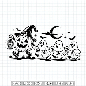 May include: A black and white graphic illustration featuring a jack-o'-lantern wearing a witch hat and holding a lantern, followed by three ghosts holding a string of lights. Above them is a crescent moon, stars, and bats. Text reads SVG PNG DXF EPS PDF JPG.