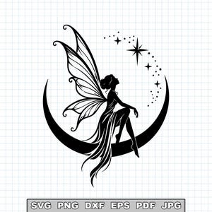 May include: A black silhouette graphic of a fairy with large detailed wings sitting on a crescent moon. Above the fairy are several small stars and one large four-pointed star. Below the graphic is a rectangular box containing the text SVG PNG DXF EPS PDF JPG.