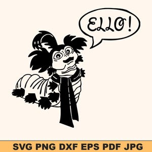 May include: Black and white cartoon illustration of a caterpillar with a scarf, saying "ELLO!" in a speech bubble. The caterpillar has large eyes and a mustache. The image includes file type options: SVG, PNG, DXF, EPS, PDF, and JPG.