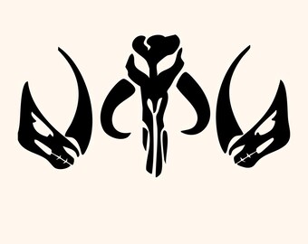 May include: Black graphic of a skull and horns design, with the text "SVG PNG DXF EPS PDF JPG" at the bottom. The design features a central skull-like shape with curved horns and two additional skull-like shapes on either side.
