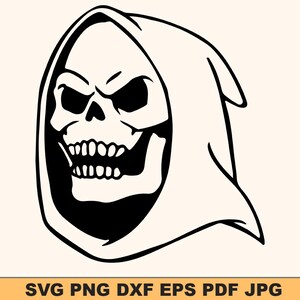 Può includere: Illustrazione in bianco e nero di un teschio con un mantello con cappuccio. Il teschio ha la bocca aperta con i denti e un'espressione severa. L'immagine include il testo "SVG PNG DXF EPS PDF JPG" in basso.