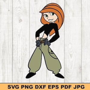 May include: A cartoon illustration of a girl with red hair wearing a black shirt and green pants. She is wearing a belt with a buckle and has her hands on her hips.