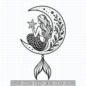 May include: Black and white illustration of a mermaid holding a starfish, seated on a crescent moon. The moon is decorated with stars and foliage. A mermaid tail hangs below the moon. The image is a digital graphic.
