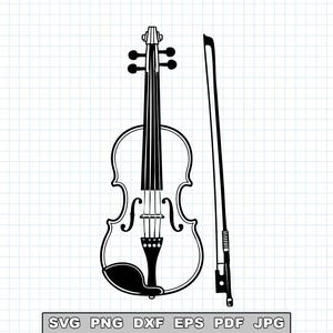 May include: A black and white line art illustration of a violin and a bow centered on a grid background. Below the instrument, the text reads SVG PNG DXF EPS PDF JPG. The violin features a scroll, pegs, fingerboard, bridge, and chin rest.