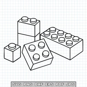 May include: A black and white line art illustration of four interlocking plastic building blocks of varying sizes, featuring circular studs on top. Below the blocks, the text reads SVG PNG DXF EPS PDF JPG in a rectangular box.