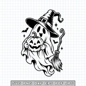 May include: A black and white graphic illustration of a ghost wearing a pointed hat, holding a jack-o'-lantern pumpkin, and standing next to a broomstick. Small stars and two bats surround the figure. The text SVG PNG DXF EPS PDF JPG appears below.