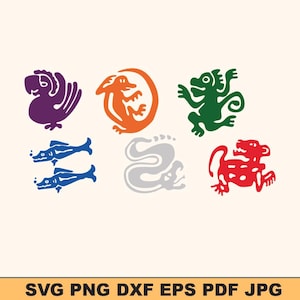May include: A collection of colorful, stylized animal illustrations in purple, orange, green, blue, gray, and red. The image includes a parrot, lizard, monkey, fish, snake, and jaguar. The bottom of the image displays the text "SVG PNG DXF EPS PDF JPG."
