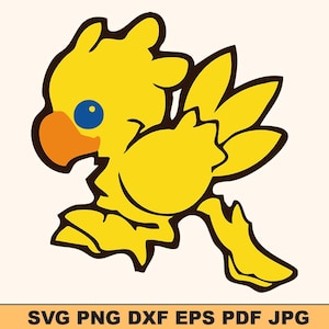 May include: A yellow cartoon bird with a brown outline, orange beak, and blue eye. The bird is in a running pose. The text "SVG PNG DXF EPS PDF JPG" is at the bottom of the image.