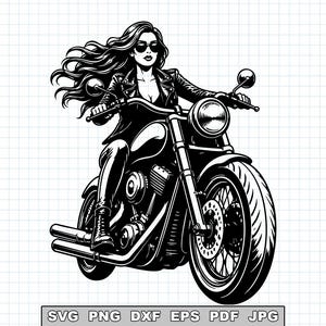 May include: Black and white illustration of a person riding a motorcycle. The person is wearing a leather jacket and sunglasses, with long flowing hair. The motorcycle has a large front tire and a round headlight.
