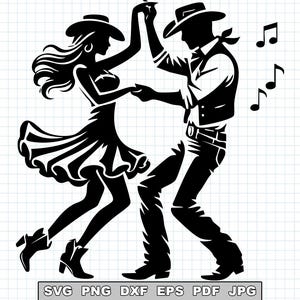 Könnte beinhalten: Eine schwarz-weiße Silhouette eines tanzenden Paares in Cowboy-Kleidung. Die Frau trägt ein Kleid und Stiefel, während der Mann eine Weste und Jeans trägt. Noten schweben über ihnen, was auf ein Country-Thema hindeutet.