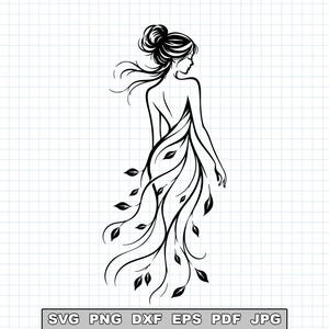 May include: A black and white line art illustration of a person with hair in a bun, wearing a flowing dress adorned with leaf motifs. Below the figure, a rectangular box contains the text SVG PNG DXF EPS PDF JPG on a grid background.