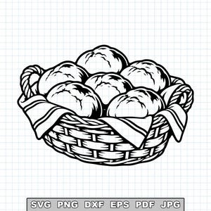 May include: A black and white line art illustration of a woven basket filled with five round bread rolls. The basket is lined with a cloth featuring striped edges. Below the basket, the text reads SVG PNG DXF EPS PDF JPG.