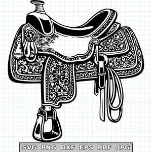 May include: A detailed black and white illustration of a Western saddle. The saddle is adorned with floral and geometric patterns, stirrups, and a horn. The design showcases visible stitching and decorative elements. The image includes file type options: SVG, PNG, DXF, EPS, PDF, JPG.