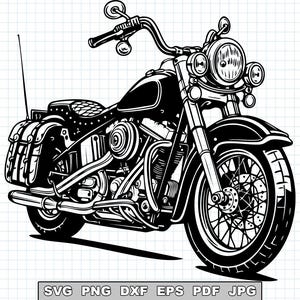 Op de afbeelding: Zwart-wit illustratie van een klassieke motorfiets. De motorfiets heeft een grote voorband, zadeltassen en een gedetailleerde motor. Het stuur is gebogen en het ontwerp doet denken aan vintage modellen.