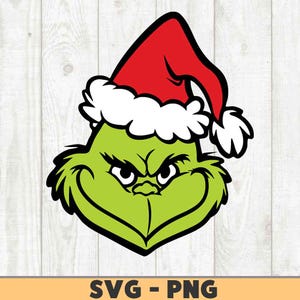 May include: A green cartoon character's face wearing a red Santa hat with white trim. The character has a mischievous grin and furrowed brow. The image includes the text "SVG - PNG" at the bottom.