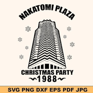 Może przedstawiać: Czarno-biała grafika budynku Nakatomi Plaza z napisem "NAKATOMI PLAZA" powyżej i "CHRISTMAS PARTY 1988" poniżej. Płatki śniegu rozrzucone wokół budynku. Obraz ma kremowe tło.