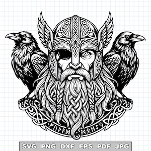 May include: Black and white illustration of a Viking warrior with a helmet, an eye patch, and long braided beard, flanked by two ravens. The design includes Celtic knotwork and runes, with the file formats SVG, PNG, DXF, EPS, PDF, and JPG listed below.