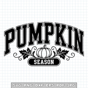 May include: A black and white graphic design featuring the word PUMPKIN in a bold, arched varsity-style font above a central pumpkin illustration flanked by decorative leaves and the word SEASON enclosed in a rectangular border below.