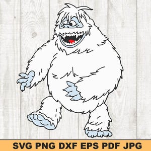 May include: A cartoon illustration of a white Yeti with blue accents, walking with a smile. The Yeti has a large, furry body, blue hands and feet, and a red tongue. The image includes the text "SVG PNG DXF EPS PDF JPG".